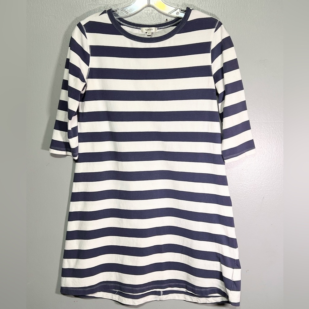 Tyler Boe Alexa Blue White Striped Dress, Quarter Sleeve Flared Tunic Small
